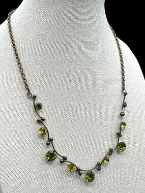 Delicate Necklace Chain Green Rhinestones Grey Silver Tone 16 inches
